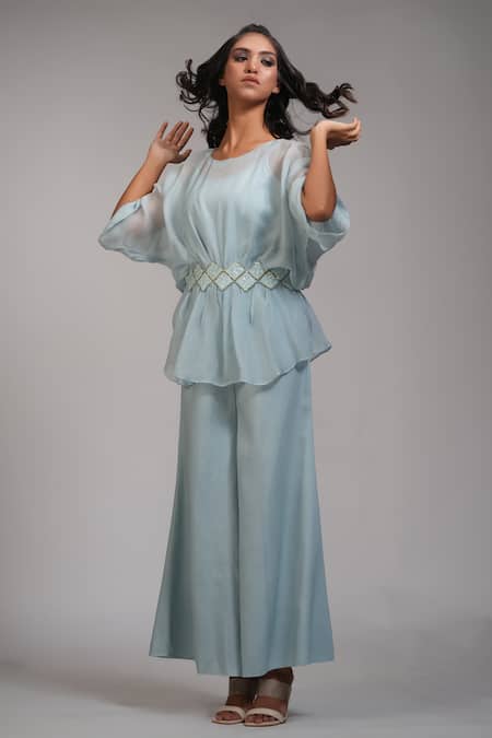 Buy_Shruti S_Blue Organza, Satin, Cotton, Modal Powder Embroidered Kaftan And Trouser Set _Online_at_Aza_Fashions