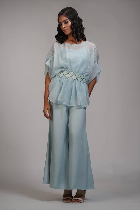 Shop_Shruti S_Blue Organza, Satin, Cotton, Modal Powder Embroidered Kaftan And Trouser Set _Online_at_Aza_Fashions