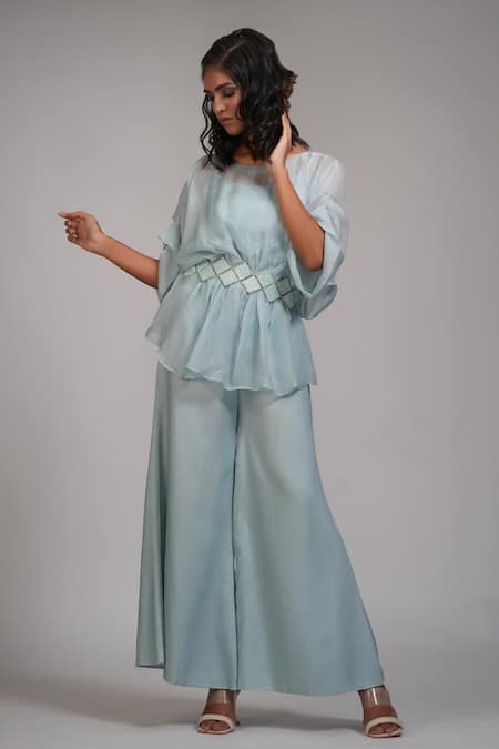 Shruti S_Blue Organza, Satin, Cotton, Modal Powder Embroidered Kaftan And Trouser Set _at_Aza_Fashions