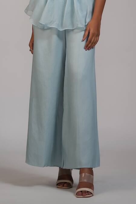 Buy_Shruti S_Blue Organza, Satin, Cotton, Modal Powder Embroidered Kaftan And Trouser Set 