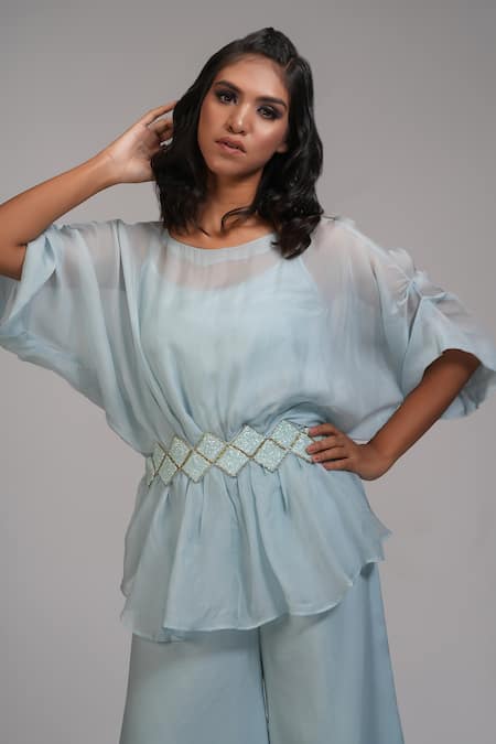 Shop_Shruti S_Blue Organza, Satin, Cotton, Modal Powder Embroidered Kaftan And Trouser Set 