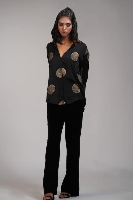 Shruti S_Black Modal Embroidery Collared Geometric Hand Block Print Shirt _Online_at_Aza_Fashions