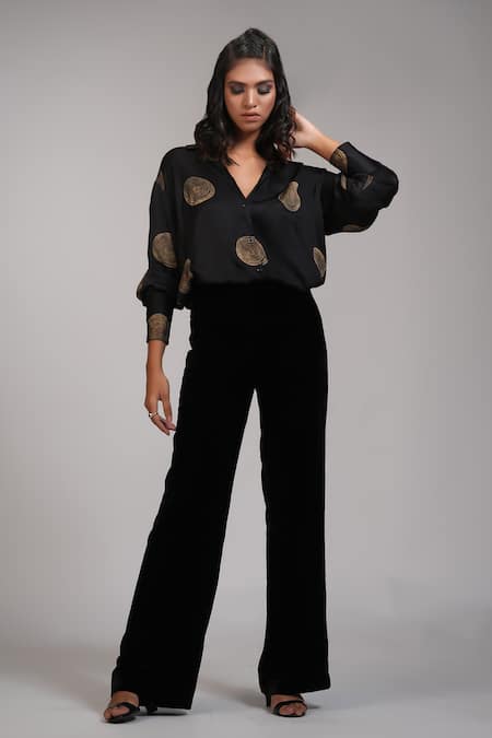 Buy_Shruti S_Black Modal Embroidery Collared Geometric Hand Block Print Shirt _Online_at_Aza_Fashions
