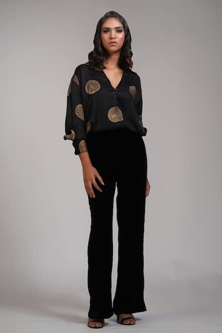 Shop_Shruti S_Black Modal Embroidery Collared Geometric Hand Block Print Shirt _Online_at_Aza_Fashions