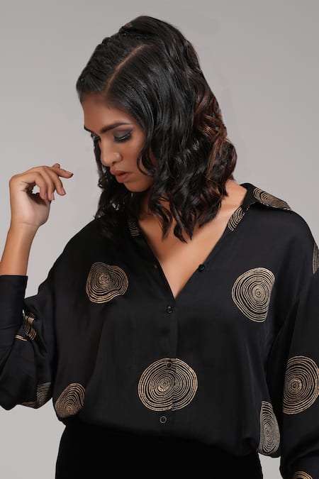 Shruti S_Black Modal Embroidery Collared Geometric Hand Block Print Shirt _at_Aza_Fashions