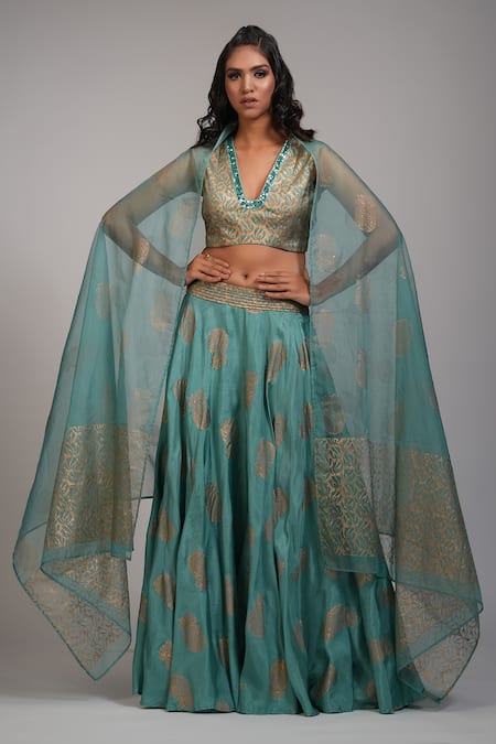 Shruti S_Green Silk, Organza, Georgette Embroidery, Ananaas Hand Block Print Lehenga Set _Online_at_Aza_Fashions