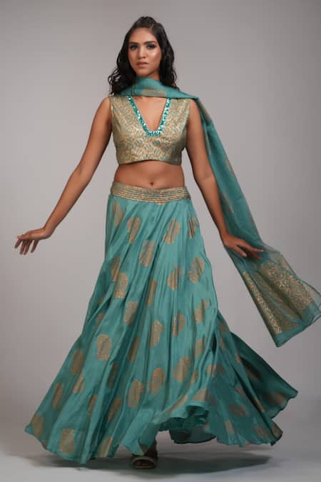 Shop_Shruti S_Green Silk, Organza, Georgette Embroidery, Ananaas Hand Block Print Lehenga Set _Online_at_Aza_Fashions