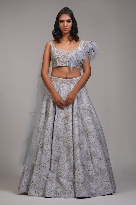 Shruti S Grey Lehenga And Blouse Silk Embroidery Upcycled Sequins Square Neck With 