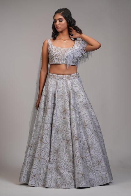 Buy_Shruti S_Grey Silk, Net Sequins Square Neck Upcycled Embroidered Lehenga With Blouse _Online_at_Aza_Fashions