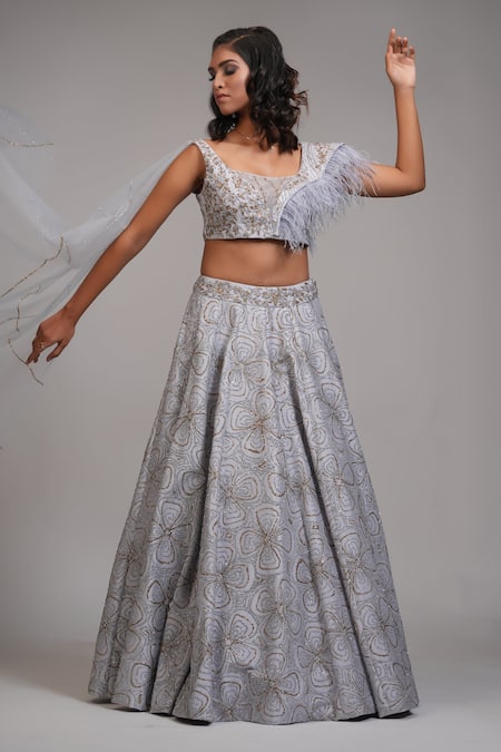 Shop_Shruti S_Grey Silk, Net Sequins Square Neck Upcycled Embroidered Lehenga With Blouse _Online_at_Aza_Fashions