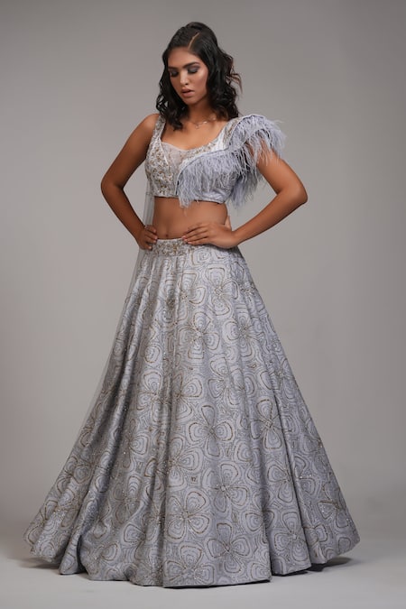 Shruti S_Grey Silk, Net Sequins Square Neck Upcycled Embroidered Lehenga With Blouse _at_Aza_Fashions