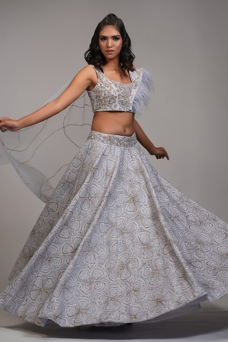 Buy_Shruti S_Grey Silk, Net Sequins Square Neck Upcycled Embroidered Lehenga With Blouse 