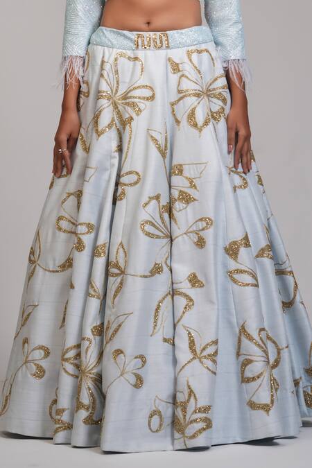 Shruti S Blue Silk Sequins V-neck Raw Embroidered Lehenga With Blouse Online at Aza Fashions Shruti S_Blue Silk Sequins V-neck Raw Embroidered Lehenga With Blouse _Online_at_Aza_Fashions