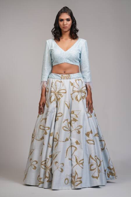 Buy_Shruti S_Blue Silk Sequins V-neck Raw Embroidered Lehenga With Blouse _Online_at_Aza_Fashions