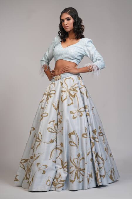 Shop_Shruti S_Blue Silk Sequins V-neck Raw Embroidered Lehenga With Blouse _Online_at_Aza_Fashions