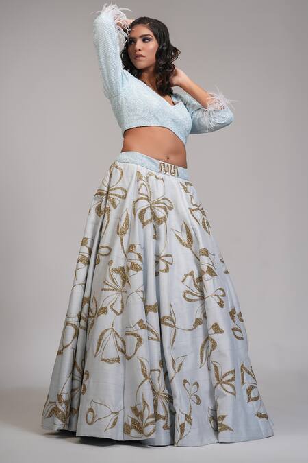 Shruti S_Blue Silk Sequins V-neck Raw Embroidered Lehenga With Blouse _at_Aza_Fashions