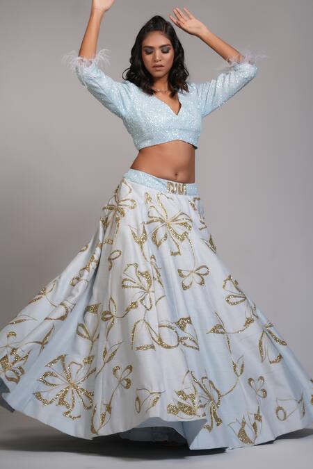 Buy_Shruti S_Blue Silk Sequins V-neck Raw Embroidered Lehenga With Blouse 