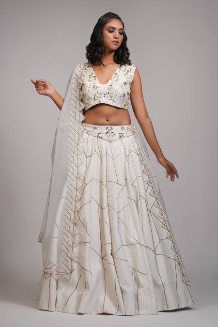 Shruti S_Off White Silk, Organza Embroidery, Sequins V-neck Geometric Lehenga Set _Online_at_Aza_Fashions
