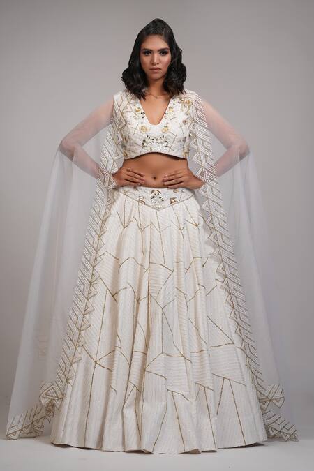 Shop_Shruti S_Off White Silk, Organza Embroidery, Sequins V-neck Geometric Lehenga Set _Online_at_Aza_Fashions