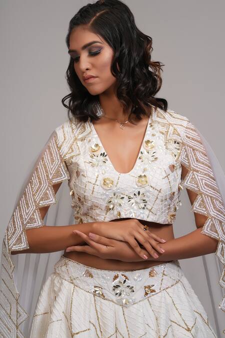 Shruti S_Off White Silk, Organza Embroidery, Sequins V-neck Geometric Lehenga Set _at_Aza_Fashions