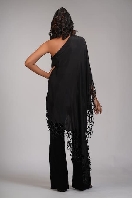 Shop_Shruti S_Black Floral Cutwork Cape Top With Trouser _at_Aza_Fashions