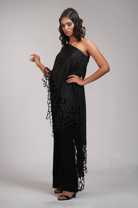 Shop Shruti S Black Floral Cutwork Cape Top With Trouser Online at Aza Fashions Shop_Shruti S_Black Floral Cutwork Cape Top With Trouser _Online_at_Aza_Fashions