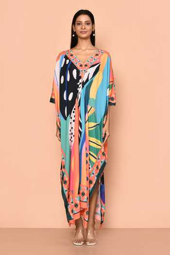 Naintara Bajaj_Multi Color Viscose Crepe Digital Printed Abstract V Neck Kaftan_Online_at_Aza_Fashions