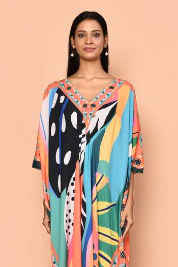 Buy_Naintara Bajaj_Multi Color Viscose Crepe Digital Printed Abstract V Neck Kaftan_Online_at_Aza_Fashions
