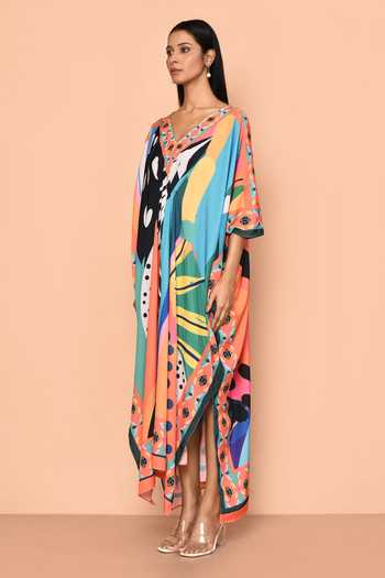 Shop_Naintara Bajaj_Multi Color Viscose Crepe Digital Printed Abstract V Neck Kaftan_Online_at_Aza_Fashions
