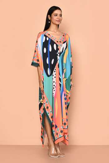 Naintara Bajaj_Multi Color Viscose Crepe Digital Printed Abstract V Neck Kaftan_at_Aza_Fashions
