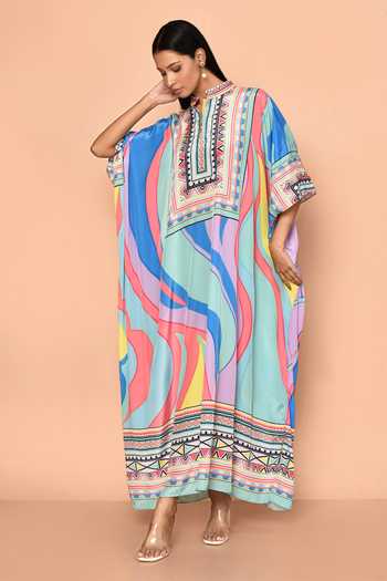 Green Abstract Collared Kaftan