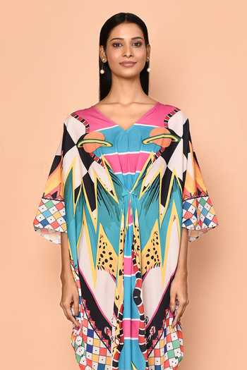 Naintara Bajaj Multi Color Georgette Print Abstract V Neck Illusion Asymmetric Kaftan Online at Aza Fashions Naintara Bajaj_Multi Color Georgette Print Abstract V Neck Illusion Asymmetric Kaftan_Online_at_Aza_Fashions