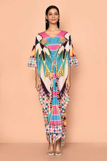 Buy_Naintara Bajaj_Multi Color Georgette Print Abstract V Neck Illusion Asymmetric Kaftan_Online_at_Aza_Fashions