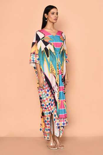 Shop_Naintara Bajaj_Multi Color Georgette Print Abstract V Neck Illusion Asymmetric Kaftan_Online_at_Aza_Fashions