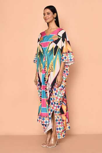 Naintara Bajaj_Multi Color Georgette Print Abstract V Neck Illusion Asymmetric Kaftan_at_Aza_Fashions