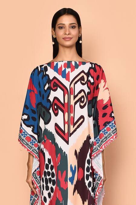 Naintara Bajaj_Multi Color Georgette Print Abstract Straight Neck Tribal Kaftan_Online_at_Aza_Fashions