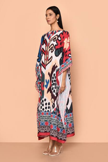 Shop_Naintara Bajaj_Multi Color Georgette Print Abstract Straight Neck Tribal Kaftan_Online_at_Aza_Fashions