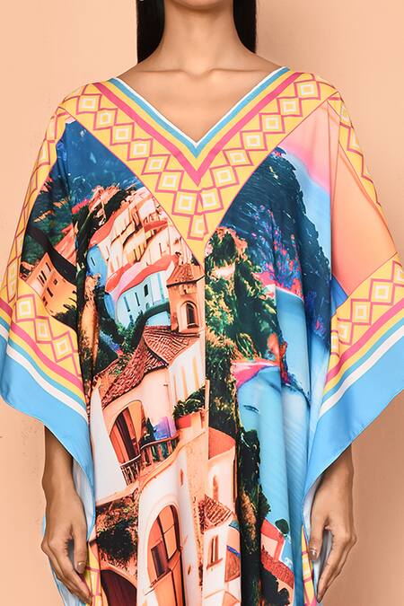 Naintara Bajaj_Multi Color Viscose Crepe Printed Architectural And Geometric V Neck Kaftan_Online_at_Aza_Fashions