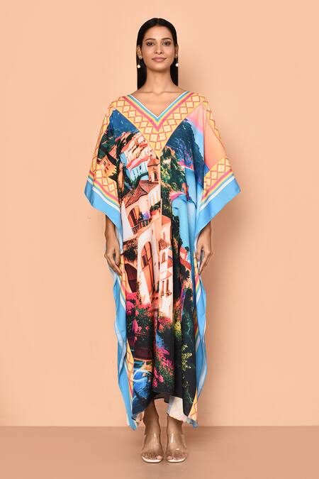 Buy_Naintara Bajaj_Multi Color Viscose Crepe Printed Architectural And Geometric V Neck Kaftan_Online_at_Aza_Fashions