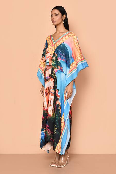 Shop_Naintara Bajaj_Multi Color Viscose Crepe Printed Architectural And Geometric V Neck Kaftan_Online_at_Aza_Fashions