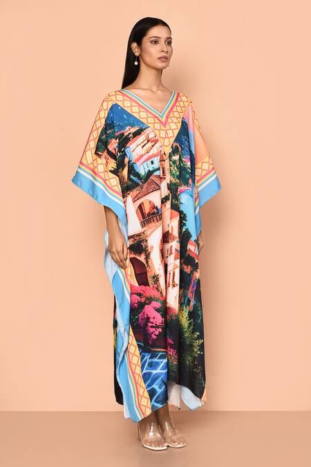 Naintara Bajaj_Multi Color Viscose Crepe Printed Architectural And Geometric V Neck Kaftan_at_Aza_Fashions