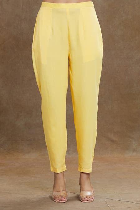 1999ad By Amita & Deepak_Yellow Chanderi Sequins, Embroidery V-neck Kurta Pant Set _at_Aza_Fashions