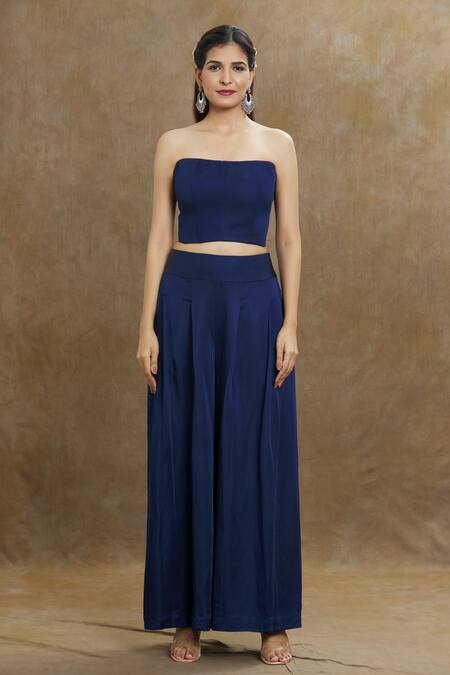 1999ad By Amita & Deepak_Blue Linen, Satin Beads Collared, Bandeau Neck Panel Embroidered Jacket Pant Set _Online_at_Aza_Fashions