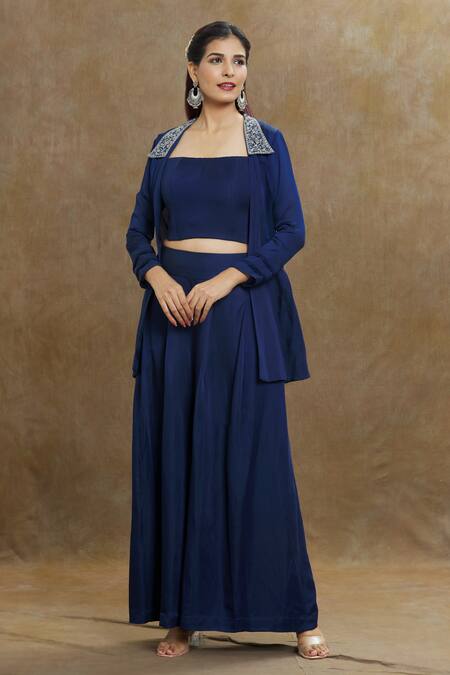 Buy_1999ad By Amita & Deepak_Blue Linen, Satin Beads Collared, Bandeau Neck Panel Embroidered Jacket Pant Set _Online_at_Aza_Fashions