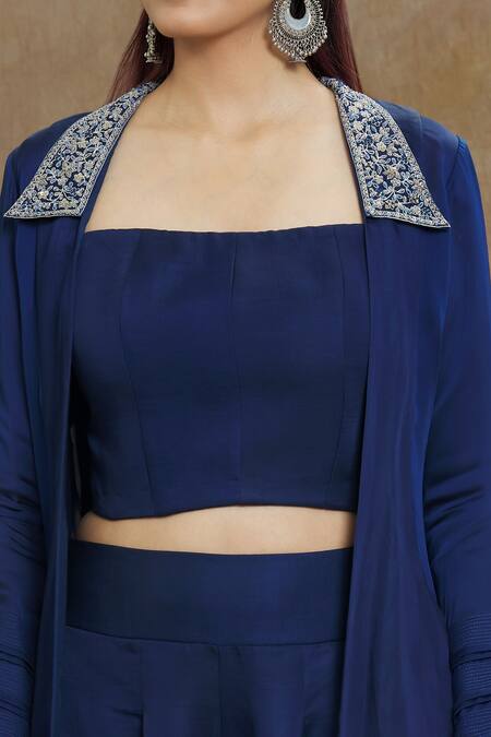 Shop_1999ad By Amita & Deepak_Blue Linen, Satin Beads Collared, Bandeau Neck Panel Embroidered Jacket Pant Set _Online_at_Aza_Fashions