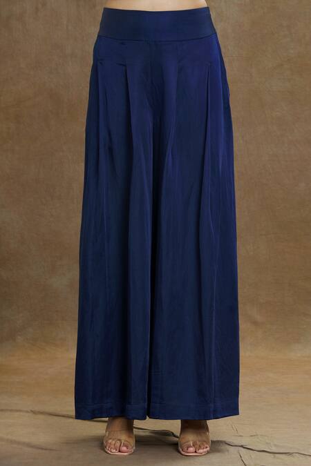 1999ad By Amita & Deepak_Blue Linen, Satin Beads Collared, Bandeau Neck Panel Embroidered Jacket Pant Set _at_Aza_Fashions