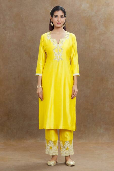 1999ad By Amita & Deepak_Yellow Chanderi Sequins, Embroidery Split V-neck Yoke Kurta And Pant Set _Online_at_Aza_Fashions