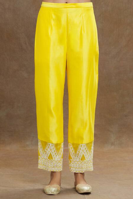 Shop_1999ad By Amita & Deepak_Yellow Chanderi Sequins, Embroidery Split V-neck Yoke Kurta And Pant Set _Online_at_Aza_Fashions