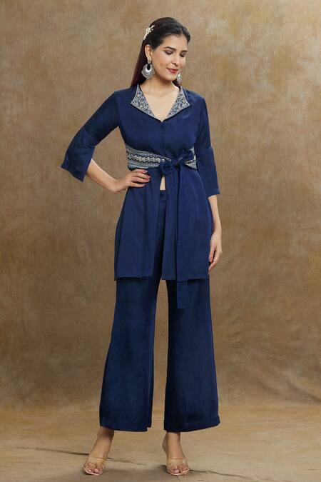 1999ad By Amita & Deepak_Blue Linen, Satin Beads Collared Embroidered Jacket And Pant Set _Online_at_Aza_Fashions