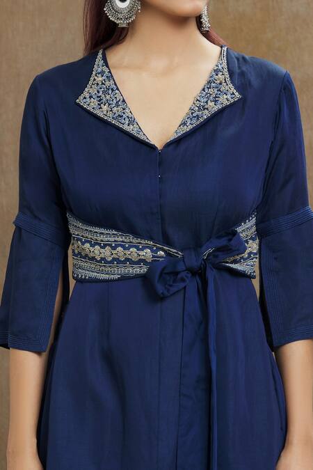 Buy_1999ad By Amita & Deepak_Blue Linen, Satin Beads Collared Embroidered Jacket And Pant Set _Online_at_Aza_Fashions